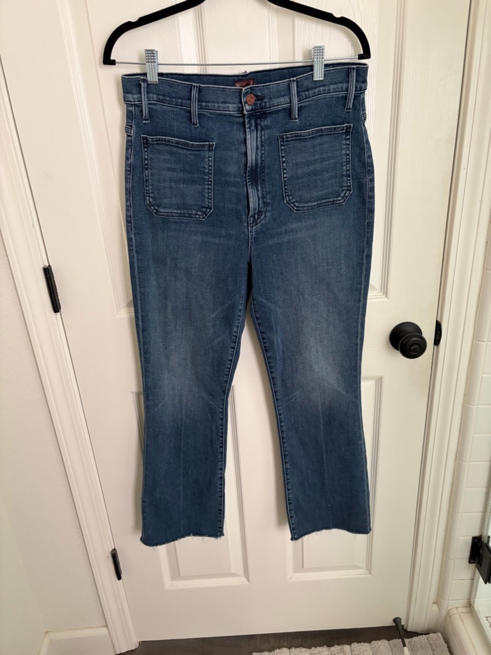 MOTHER Mid Blue Ankle Length Raw Hem Jeans.